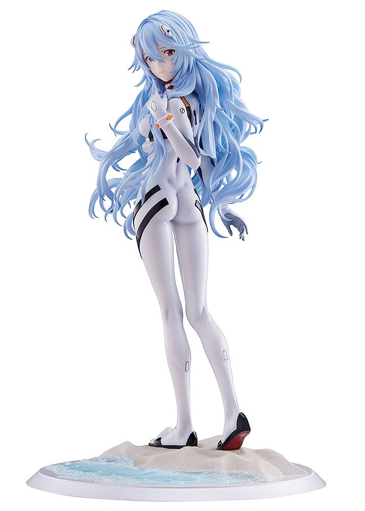 Front view of the 1/7 scale Rei Ayanami Voyage End figure from Evangelion Thrice Upon a Time, featuring long flowing blue hair and a white plugsuit.
