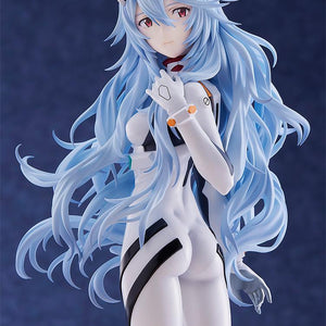 Tight close-up portrait of the Rei Ayanami Voyage End figure, highlighting the precise coloring and fragile expression of the character.