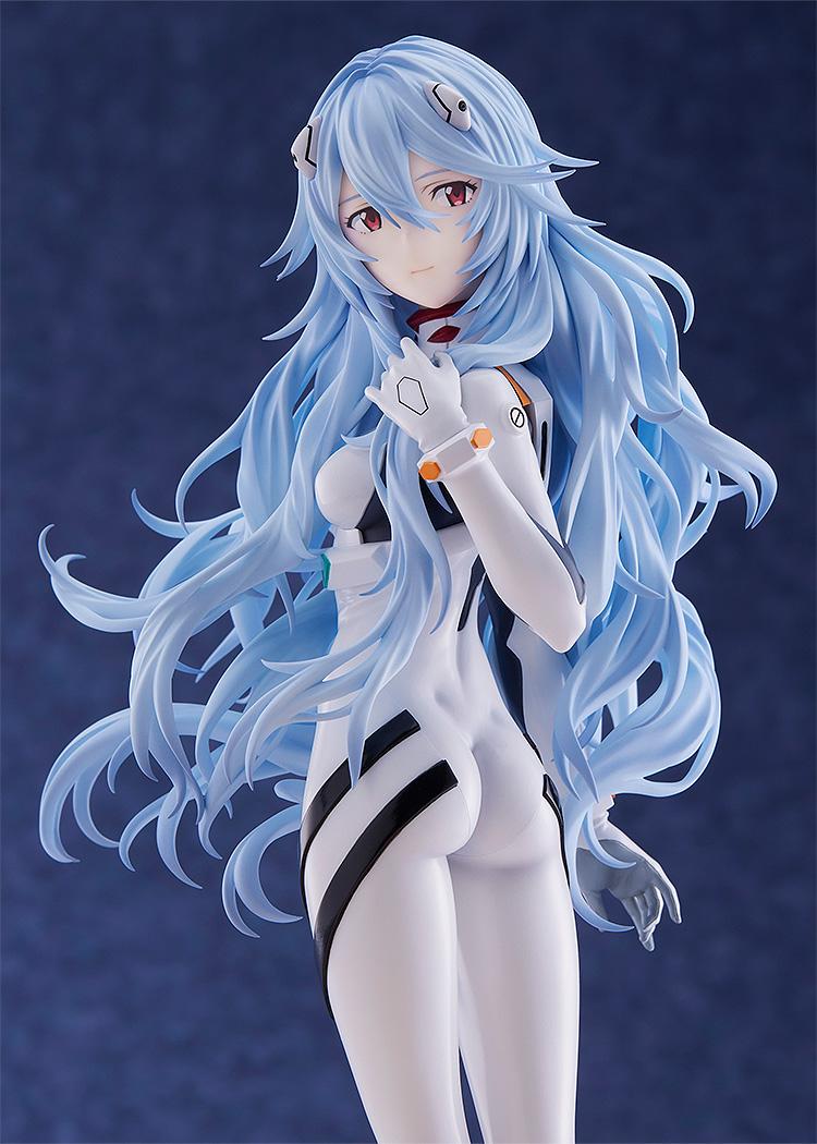 Tight close-up portrait of the Rei Ayanami Voyage End figure, highlighting the precise coloring and fragile expression of the character.