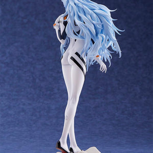 Rear profile view showing the intricate detail of the hair sculpt and the precise coloring of the white plugsuit on the 1/7 scale Rei Ayanami figure.
