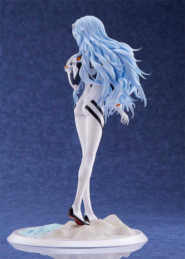 Rear profile view showing the intricate detail of the hair sculpt and the precise coloring of the white plugsuit on the 1/7 scale Rei Ayanami figure.