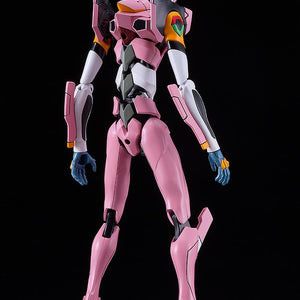 Rear full-body standing view of the built Evangelion Unit-08a plastic model, showcasing the detailed mechanical spine, shoulder pylons, and back armor molding against a black studio background.