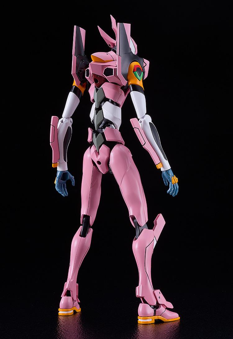 Rear full-body standing view of the built Evangelion Unit-08a plastic model, showcasing the detailed mechanical spine, shoulder pylons, and back armor molding against a black studio background.