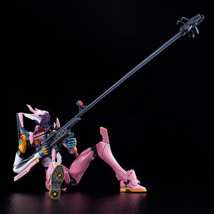 Ground sniping pose of the highly flexible MODEROID Evangelion Unit-08a plastic model, seated low and aiming the long-range rifle upward against a dark backdrop.