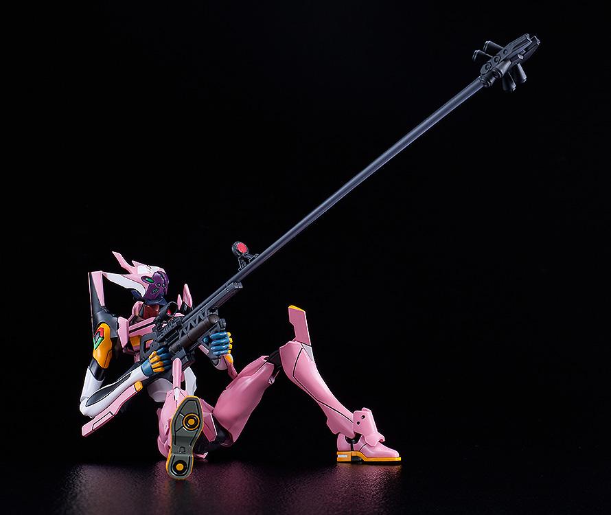 Ground sniping pose of the highly flexible MODEROID Evangelion Unit-08a plastic model, seated low and aiming the long-range rifle upward against a dark backdrop.