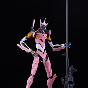 Full-body shot of the MODEROID Evangelion Unit-08a figure standing confidently while holding the massive ultra-long-range rifle vertically next to its armor suit.
