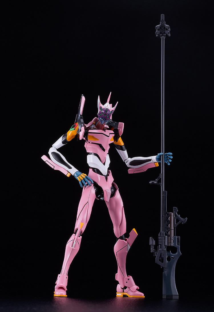 Full-body shot of the MODEROID Evangelion Unit-08a figure standing confidently while holding the massive ultra-long-range rifle vertically next to its armor suit.
