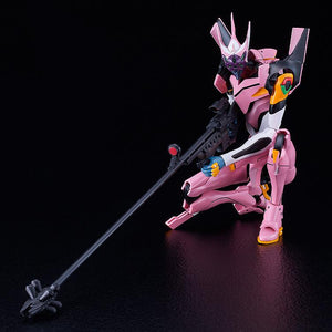 Articulated Evangelion Unit-08a mecha model kit in a low kneeling sniping pose, carefully bracing the ultra-long-range rifle weapon on a black background.