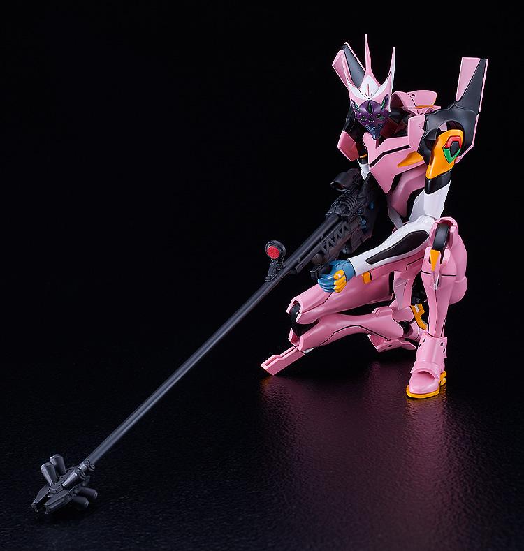Articulated Evangelion Unit-08a mecha model kit in a low kneeling sniping pose, carefully bracing the ultra-long-range rifle weapon on a black background.
