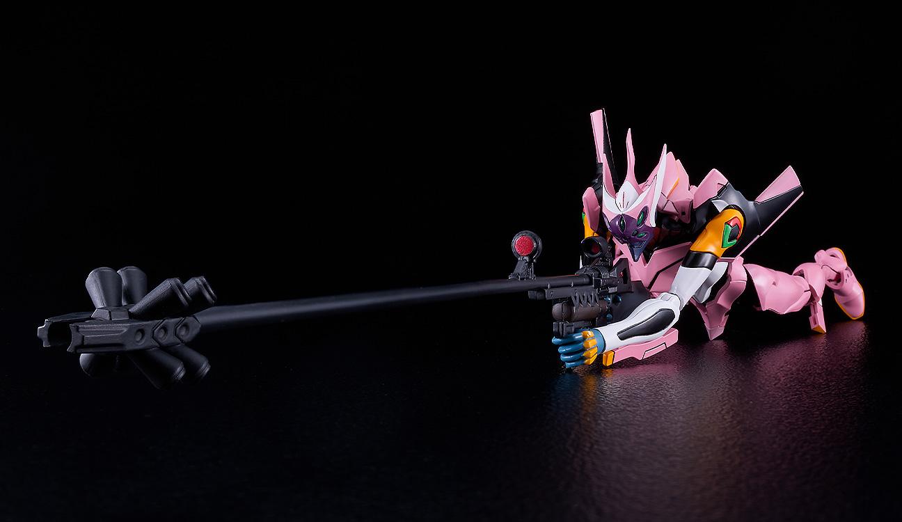 Prone sniping pose of the Evangelion Unit-08a model kit, lying completely flat on the floor while aiming the ultra-long-range rifle forward into the dark background.