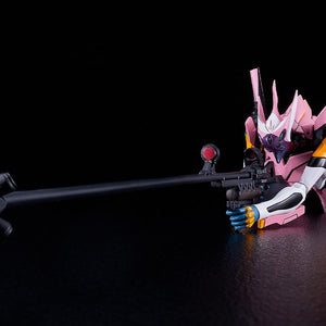Prone sniping pose of the Evangelion Unit-08a model kit, lying completely flat on the floor while aiming the ultra-long-range rifle forward into the dark background.