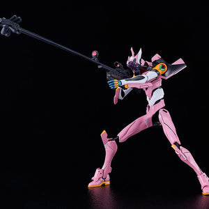 Dynamic standing sniping pose of the articulated Evangelion Unit-08a model kit aiming the included ultra-long-range rifle accessory across a black studio background.