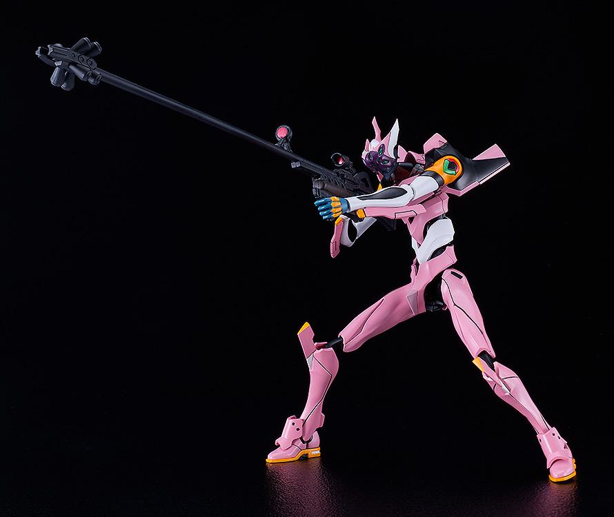 Dynamic standing sniping pose of the articulated Evangelion Unit-08a model kit aiming the included ultra-long-range rifle accessory across a black studio background.
