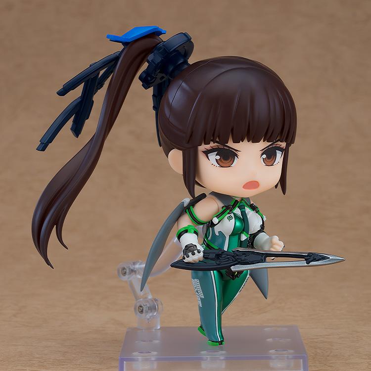 A dynamic, side-view action pose of the EVE Nendoroid charging forward with her blade drawn.