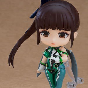 The EVE Nendoroid figure showcasing her interchangeable sad face plate and articulated green combat suit.