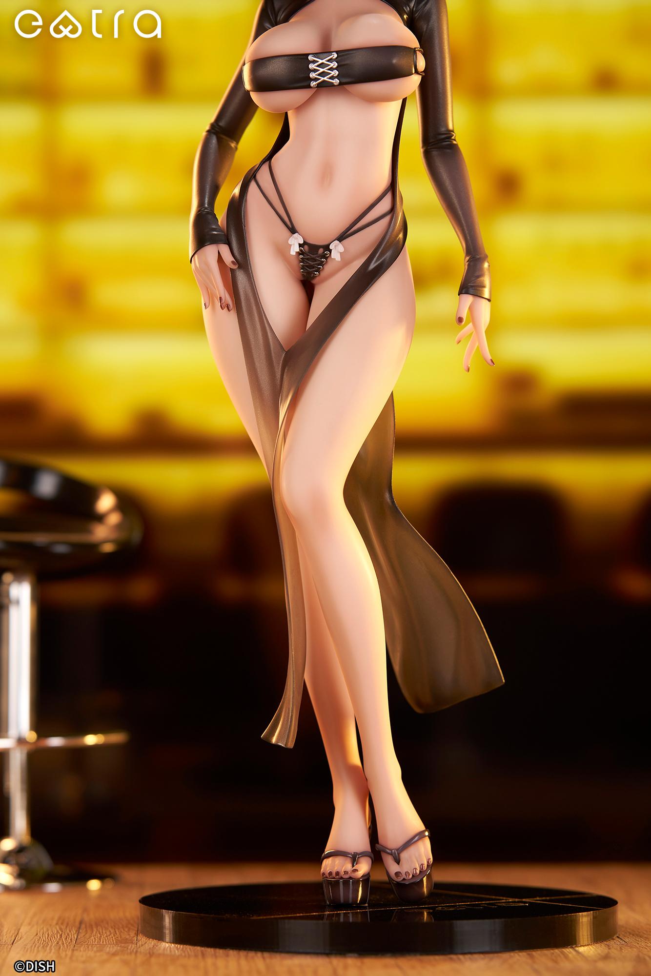 Close-up of the Lilith figure's legs and sheer black dress displayed in a warmly lit bar setting.