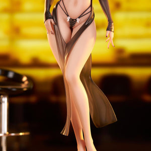 Close-up of the Lilith figure's legs and sheer black dress displayed in a warmly lit bar setting.