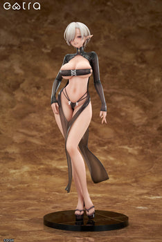 Full front view of the Extra Series Lilith 1/6 scale figure by DISH, featuring a dark elf with silver hair in a sheer black dress on a brown background.