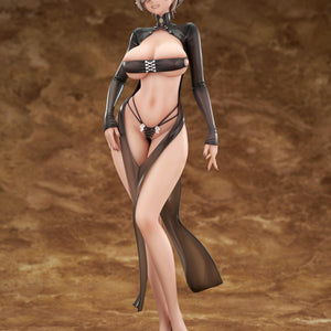 Full front view of the Extra Series Lilith 1/6 scale figure by DISH, featuring a dark elf with silver hair in a sheer black dress on a brown background.