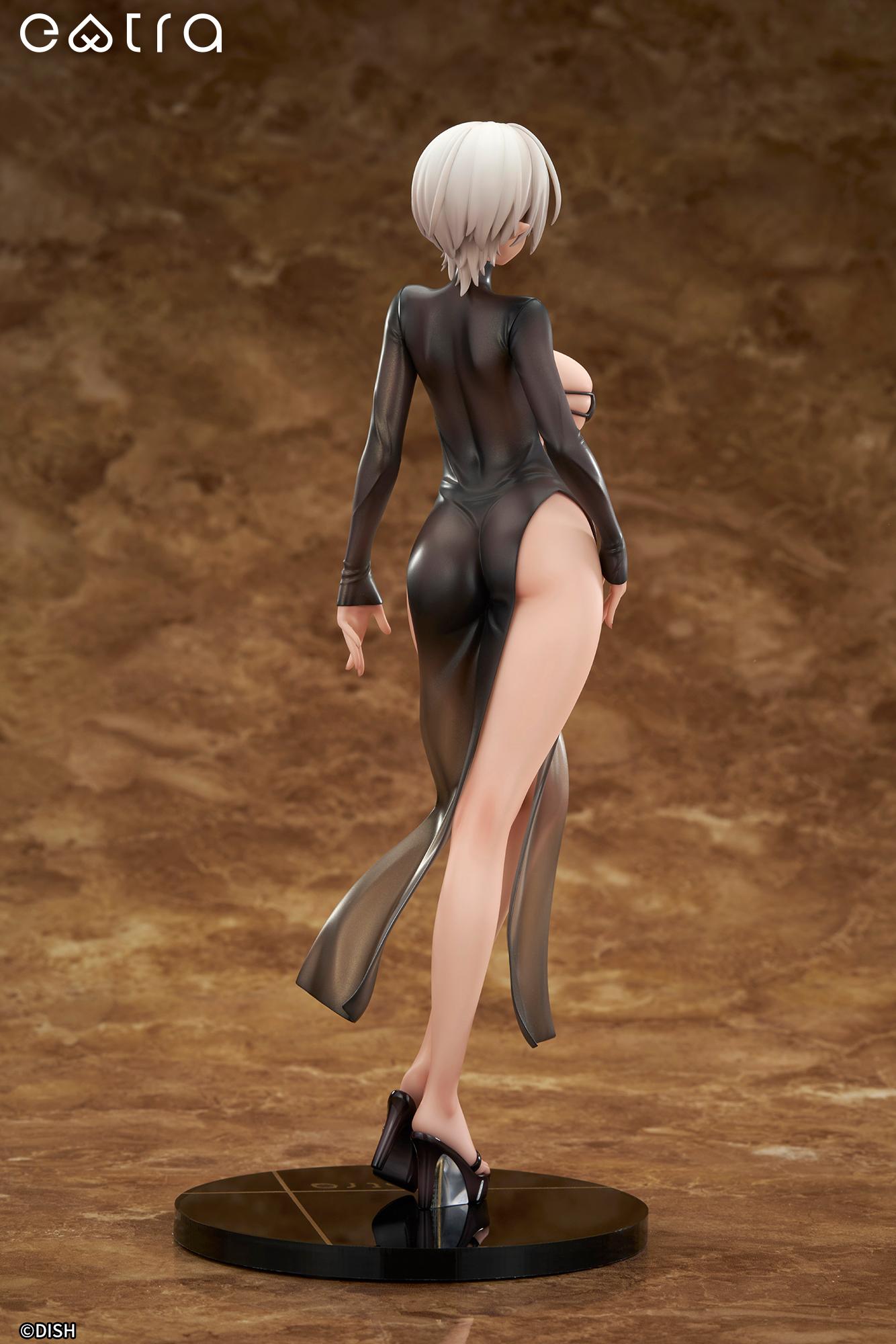 Angled back view of the Lilith figure by DISH, highlighting her curves and the high side slits of her sheer dress.