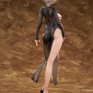 Angled back view of the Lilith figure by DISH, highlighting her curves and the high side slits of her sheer dress.