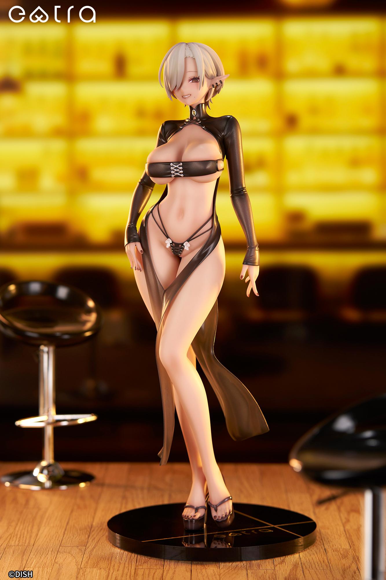 Full front view of the Lilith 1/6 scale figure by DISH displayed standing on a table against a warm, blurred bar background.