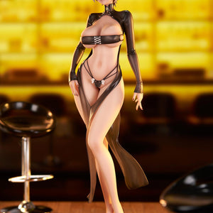 Full front view of the Lilith 1/6 scale figure by DISH displayed standing on a table against a warm, blurred bar background.