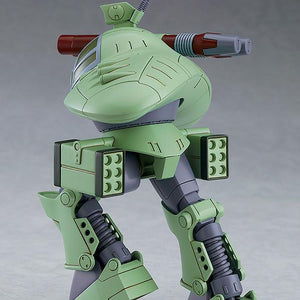 Dynamic side profile walking pose of the Cabarov AG9 Nicholaiev mecha plastic model kit, highlighting structural articulation and design proportions.