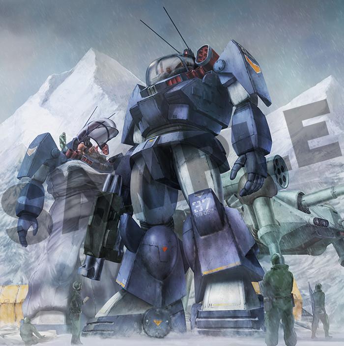 Stylized anime illustration of the Soltic HT128 Big Foot in a snowy Arctic landscape with military personnel.
