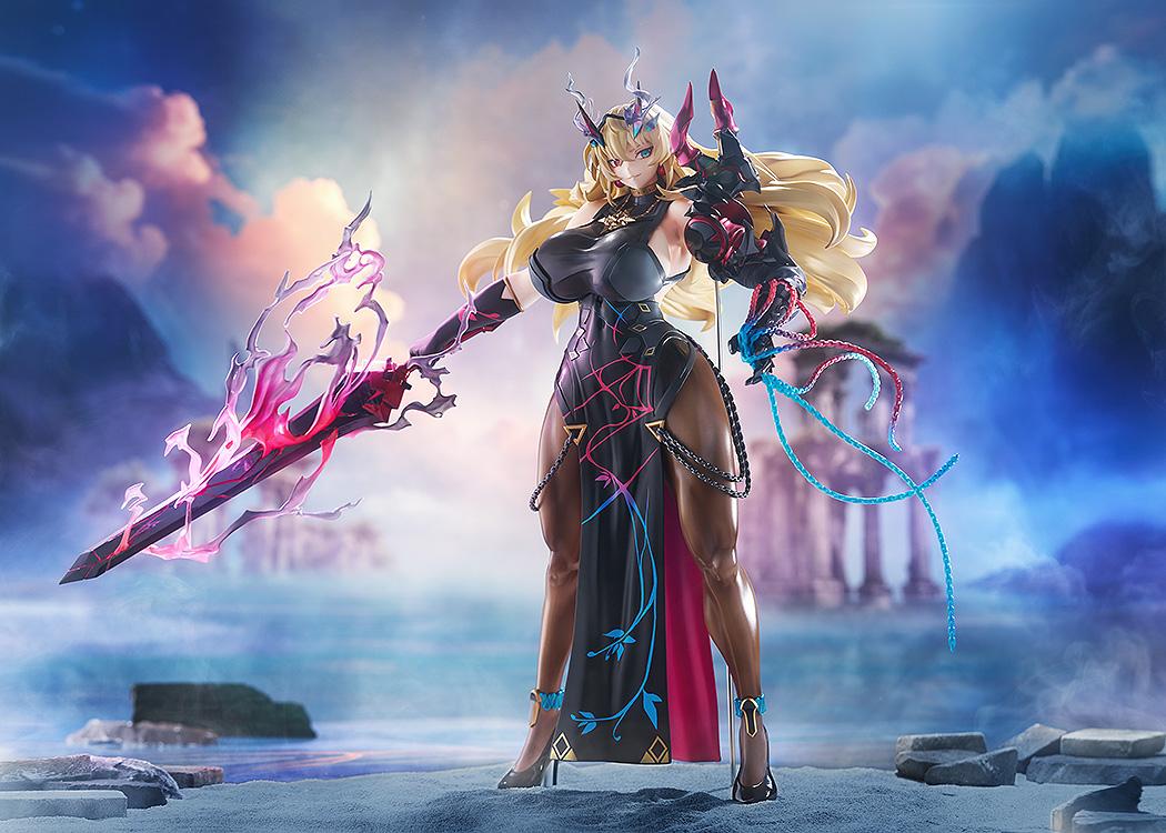 Cinematic shot of the Barghest scale figure set against a backdrop of ancient ruins and sunset clouds.