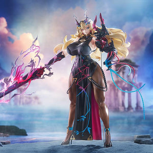 Cinematic shot of the Barghest scale figure set against a backdrop of ancient ruins and sunset clouds.