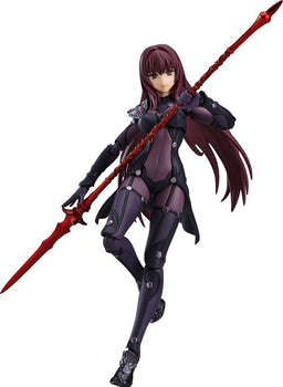 Full-body front view of the Fate/Grand Order Lancer Scathach figma action figure in her signature dark purple bodysuit holding a crimson magic lance against a isolated white background.