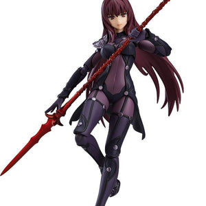 Full-body front view of the Fate/Grand Order Lancer Scathach figma action figure in her signature dark purple bodysuit holding a crimson magic lance against a isolated white background.