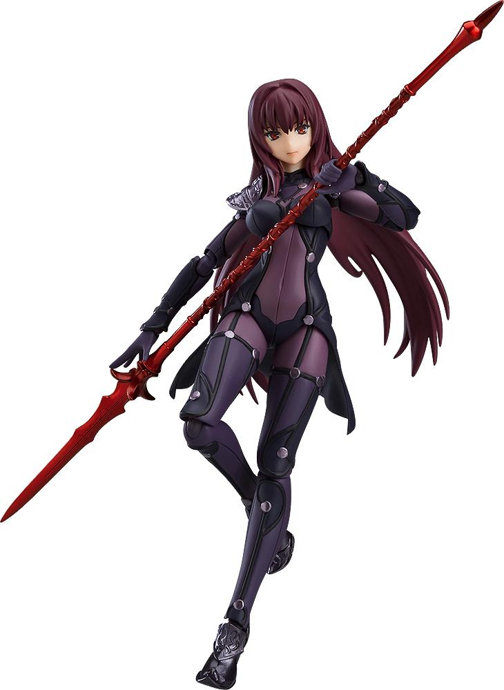 Full-body front view of the Fate/Grand Order Lancer Scathach figma action figure in her signature dark purple bodysuit holding a crimson magic lance against a isolated white background.