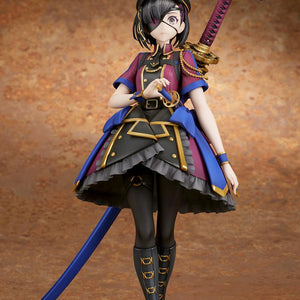 Full-length front view of the Fate/Grand Order Avenger Mysterious Ranmaru X 1/7 scale figure in her reddish-purple military uniform.
