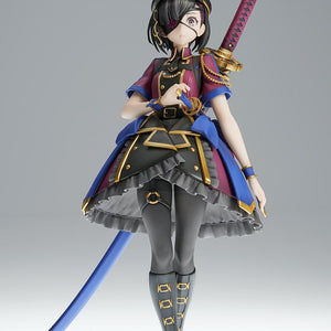 Full-length front view of the 1/7 scale Mysterious Ranmaru X figure from Fate/Grand Order standing on a round clear base against a white studio background.