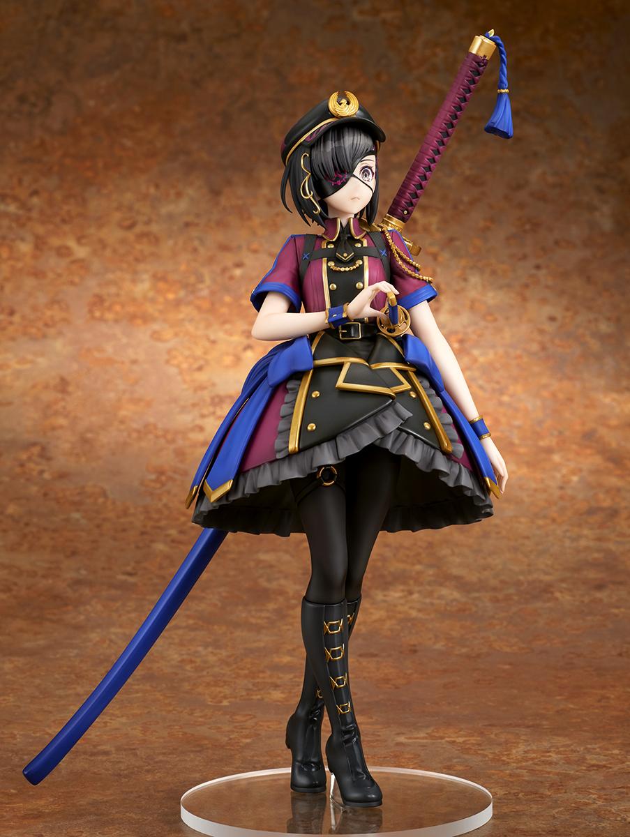 Full-body standing shot of the Fate/Grand Order Mysterious Ranmaru X figure resting her hand on the hilt of the Fudo Yukimitsu saber.