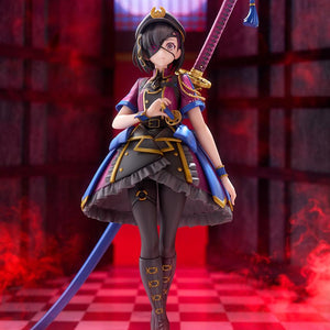 Promotional full-body photo of the 1/7 scale Mysterious Ranmaru X figure set against a dramatic red Japanese temple backdrop.