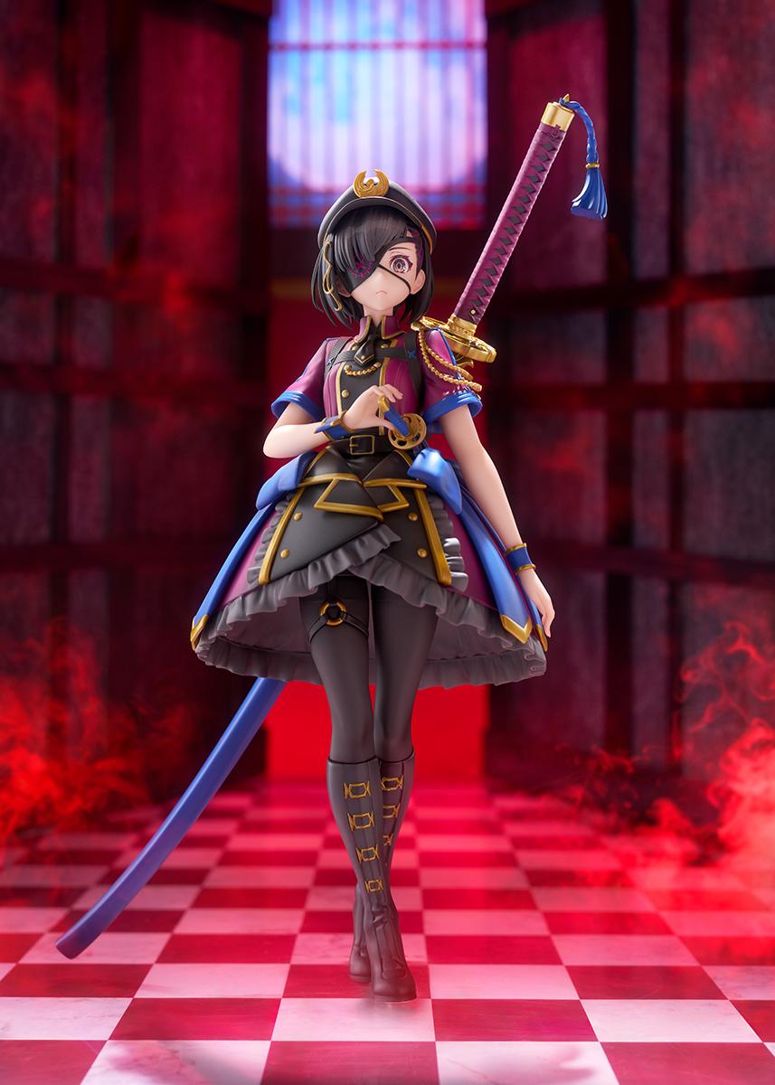 Promotional full-body photo of the 1/7 scale Mysterious Ranmaru X figure set against a dramatic red Japanese temple backdrop.