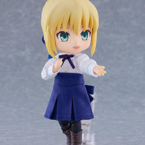Front view of the Saber Nendoroid Doll figure in casual clothing reaching out with an open hand pose on a clear display stand.