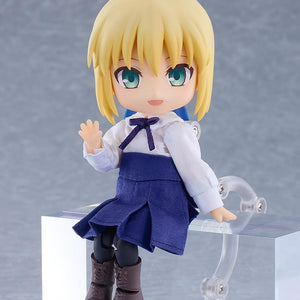 Fate/Stay Night Saber Nendoroid Doll figure in a sitting pose waving her hand on a clear acrylic riser.
