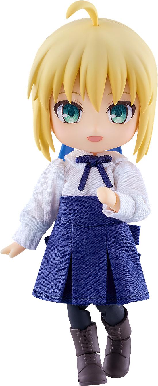 Studio cutout photo of the Fate/Stay Night Saber (Casual Outfit Ver.) Nendoroid Doll figure stepping forward on a plain white background.