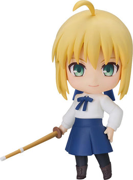 Full-body front view of the Fate/stay night Saber Casual Outfit Version Nendoroid figure holding a wooden shinai sword against a plain white background.