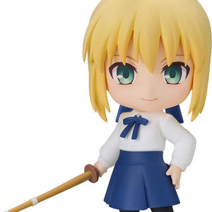 Full-body front view of the Fate/stay night Saber Casual Outfit Version Nendoroid figure holding a wooden shinai sword against a plain white background.