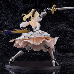 Back view of the Saber Lily (Distant Avalon) Reincarnation model kit showing the intricate folds of her skirt and armor details.