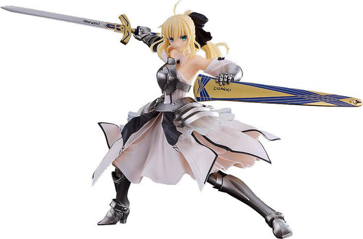 Front view of the assembled Fate/Stay Night Reincarnation Saber Lily plastic model kit in a dynamic slashing pose on a white background.