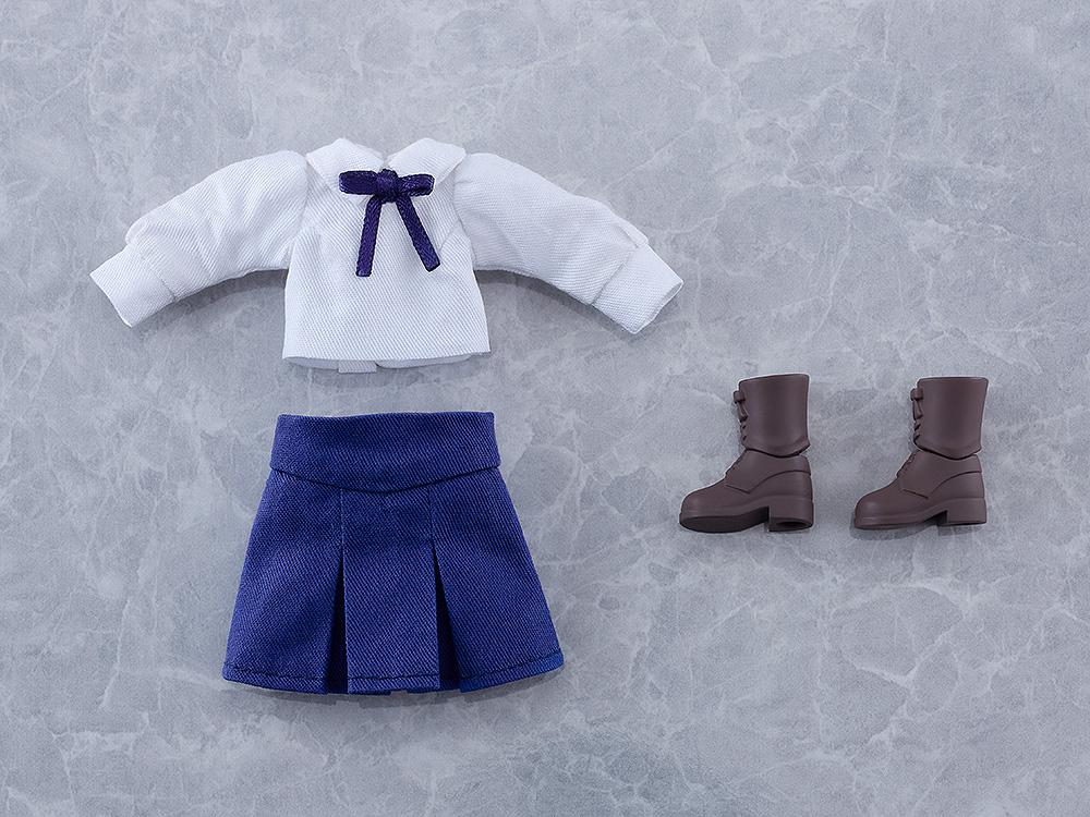 Flat lay shot of the Saber Nendoroid Doll casual clothing accessories including white long-sleeve top with blue necktie, blue skirt, and brown boots.