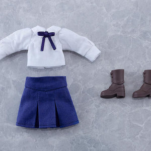 Flat lay shot of the Saber Nendoroid Doll casual clothing accessories including white long-sleeve top with blue necktie, blue skirt, and brown boots.
