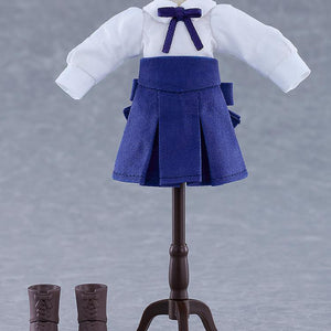 Fabric casual outfit top, blue pleated skirt, and brown boots for the Saber Nendoroid Doll displayed on a dress form mannequin stand.
