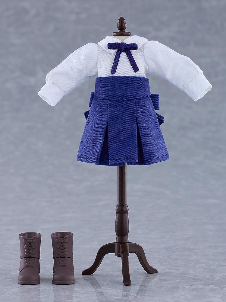 Fabric casual outfit top, blue pleated skirt, and brown boots for the Saber Nendoroid Doll displayed on a dress form mannequin stand.